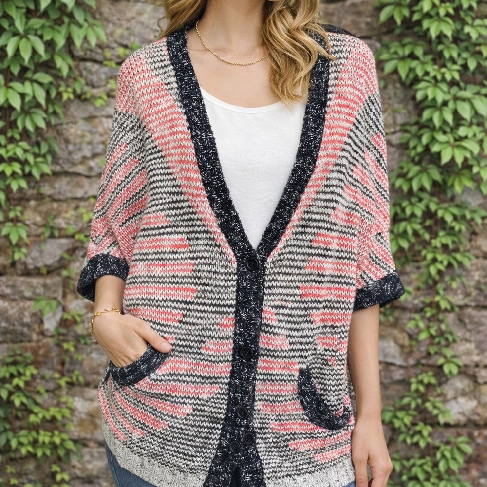 MOTH Boho Coral, Deep Navy, and Cream Textured Deep V-Neck Oversized Cardigan, S